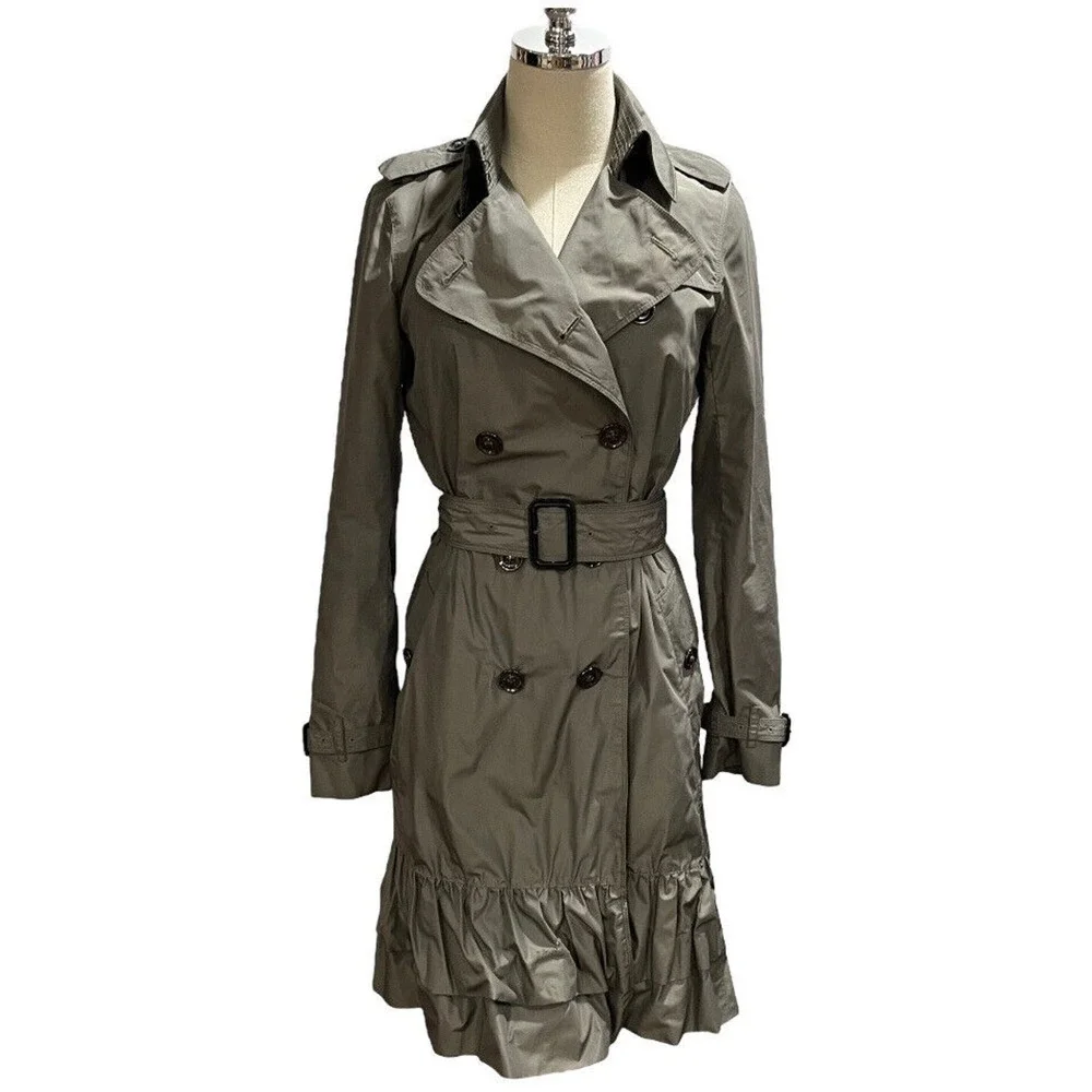 Burberry London Double Breasted Belted Gray Green Ruffled Trench Coat Sz US 6 - Picture 2 of 16